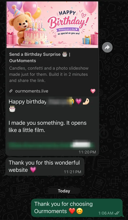 The link arriving on WhatsApp, names hidden